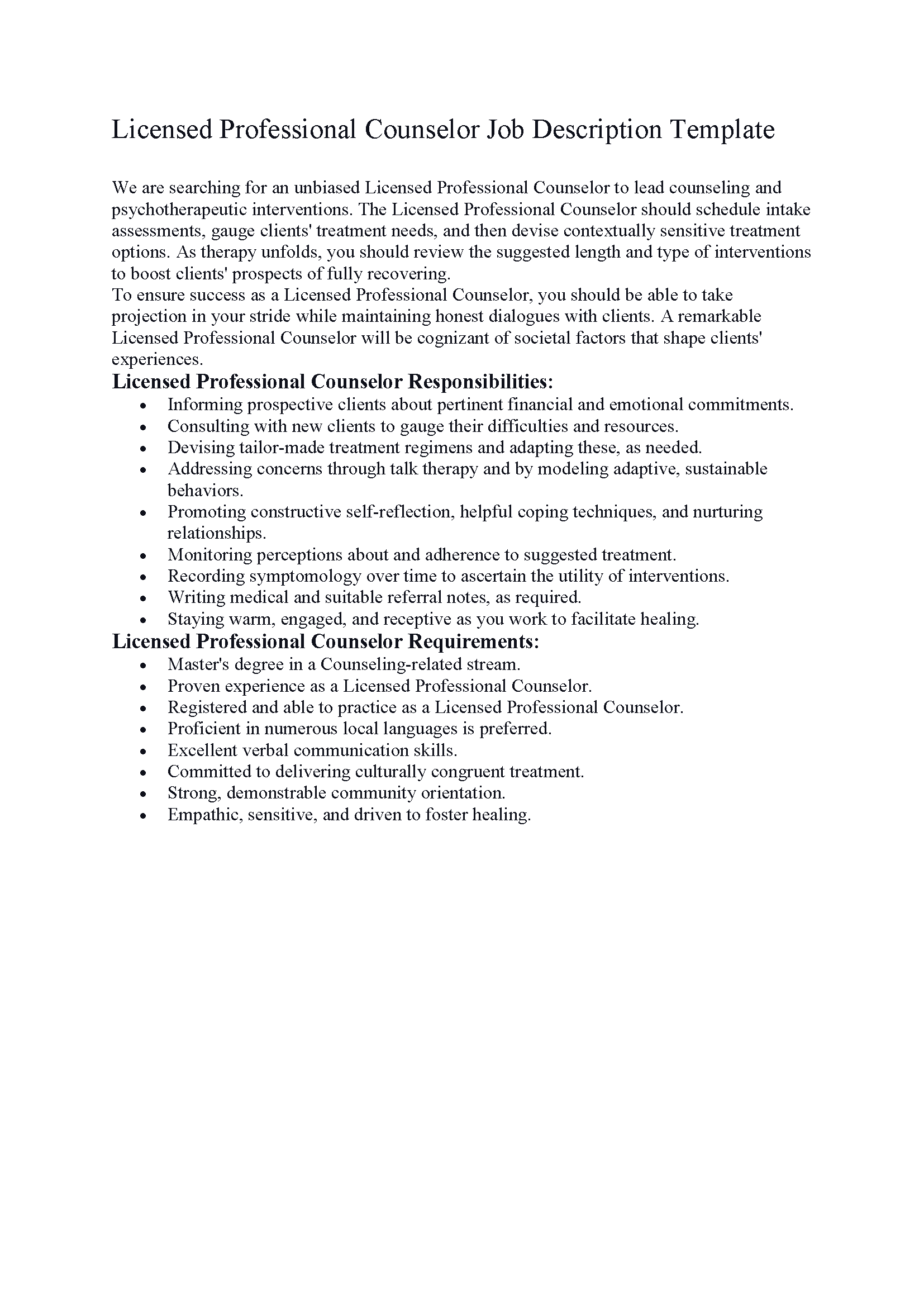 Licensed Professional Counselor Job Description Template